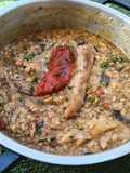 Arroz de pollo, setas y escalivada