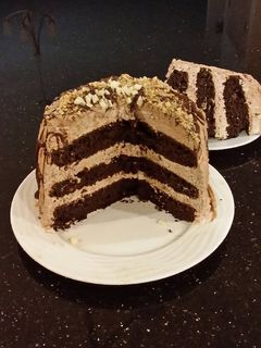 A picture of Chocolate Layer Cake with Whipped Hazelnut Cream Filling and Frosting.