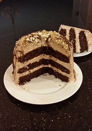 A picture of Chocolate Layer Cake with Whipped Hazelnut Cream Filling and Frosting.