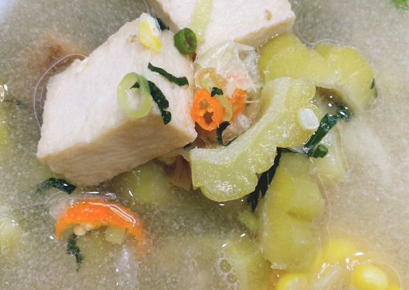 Sup pare tahu jagung kaki jamur Vegan