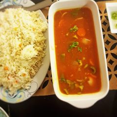 Chicken manchurian with fried rice A picture of Chicken manchurian with fried rice.