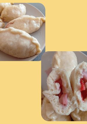 Фото Паровые вареники на кефире с клубникой.