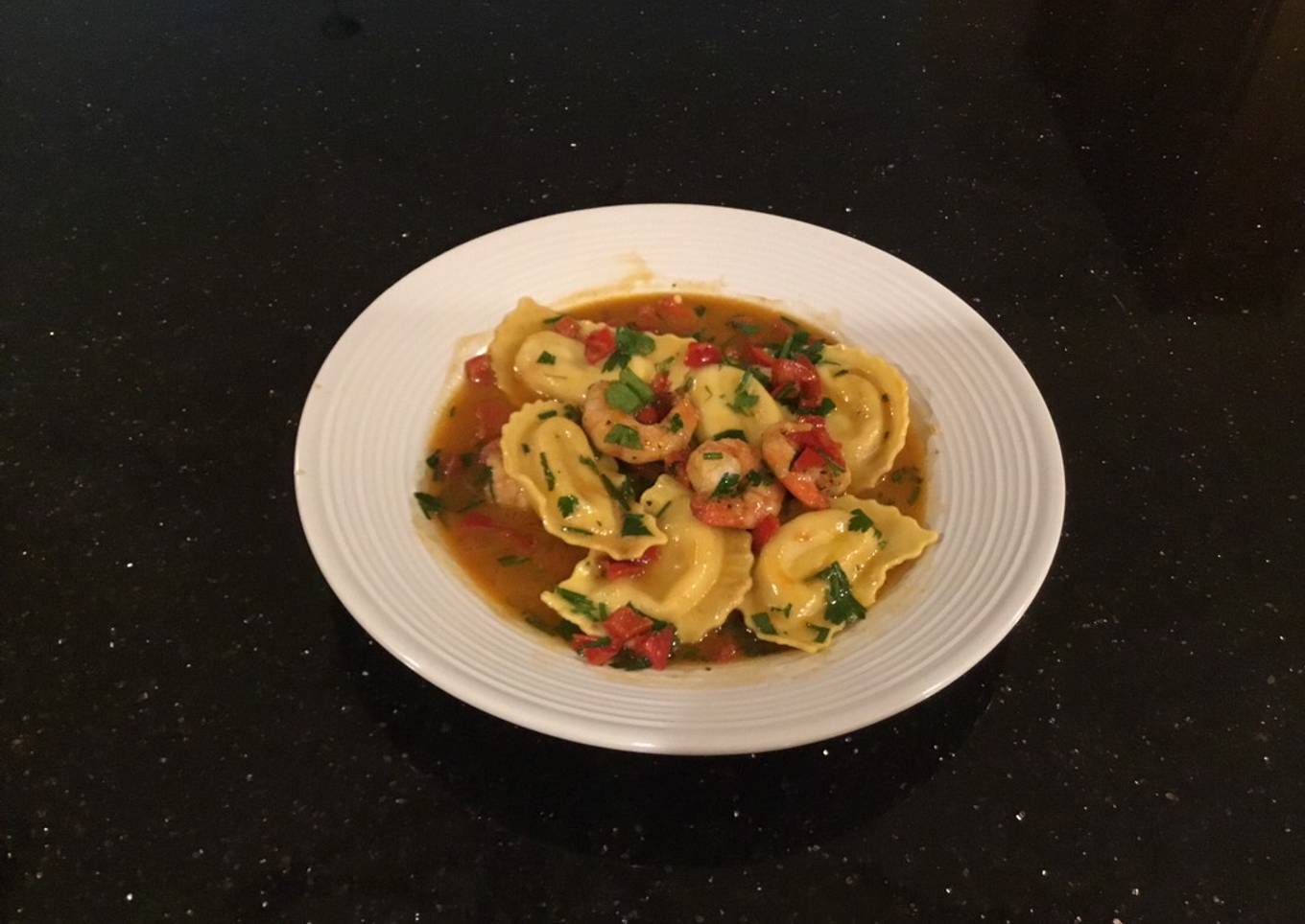 Chili shrimp with lemon and shrimp ravioli