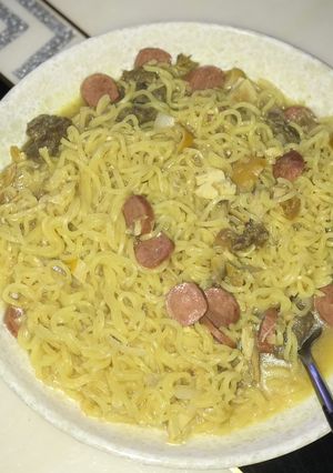A picture of Indomie with sausage X chicken X beef.