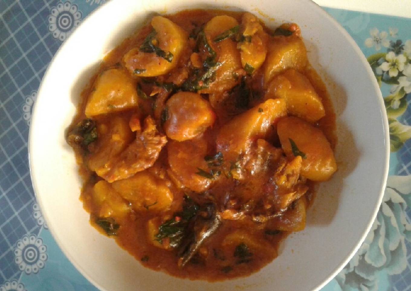 Plantain pottage with Dry fish, bonga fish and scent leaf