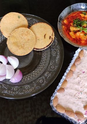 A picture of Makki roti rabodi sabzi and sweet magadh # it's my first recipe.