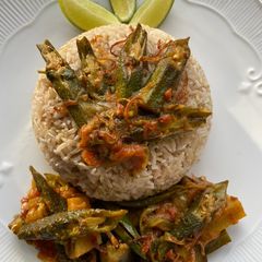 A picture of Okra masala with aubergine & sweet potato.