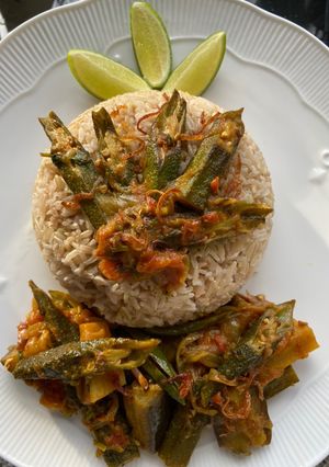A picture of Okra masala with aubergine & sweet potato.