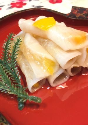 A picture of Pickled Japanese Daikon Radish with dry Apricot.