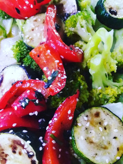 A picture of Grilled vegetables salad in apple cider. Vinaigrette.