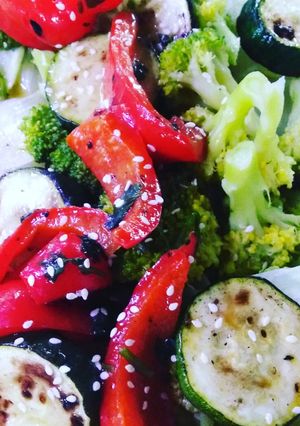 A picture of Grilled vegetables salad in apple cider. Vinaigrette.