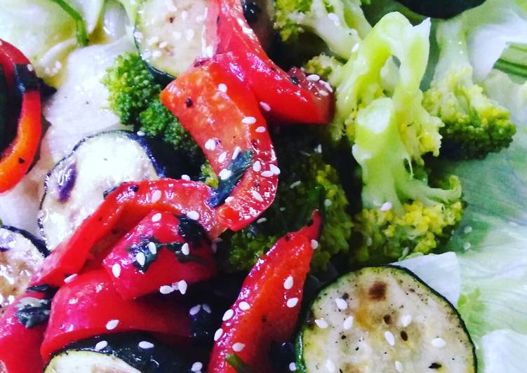 Grilled vegetables salad in apple cider. Vinaigrette