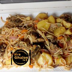 Jollof sphagetti with irish and meat A picture of Jollof sphagetti with irish and meat.