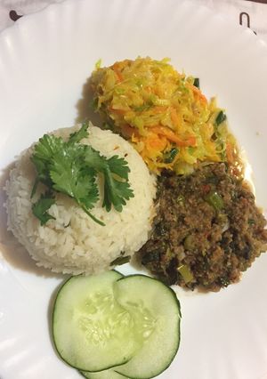 A picture of Celery and minced meat stir fry served with rice.