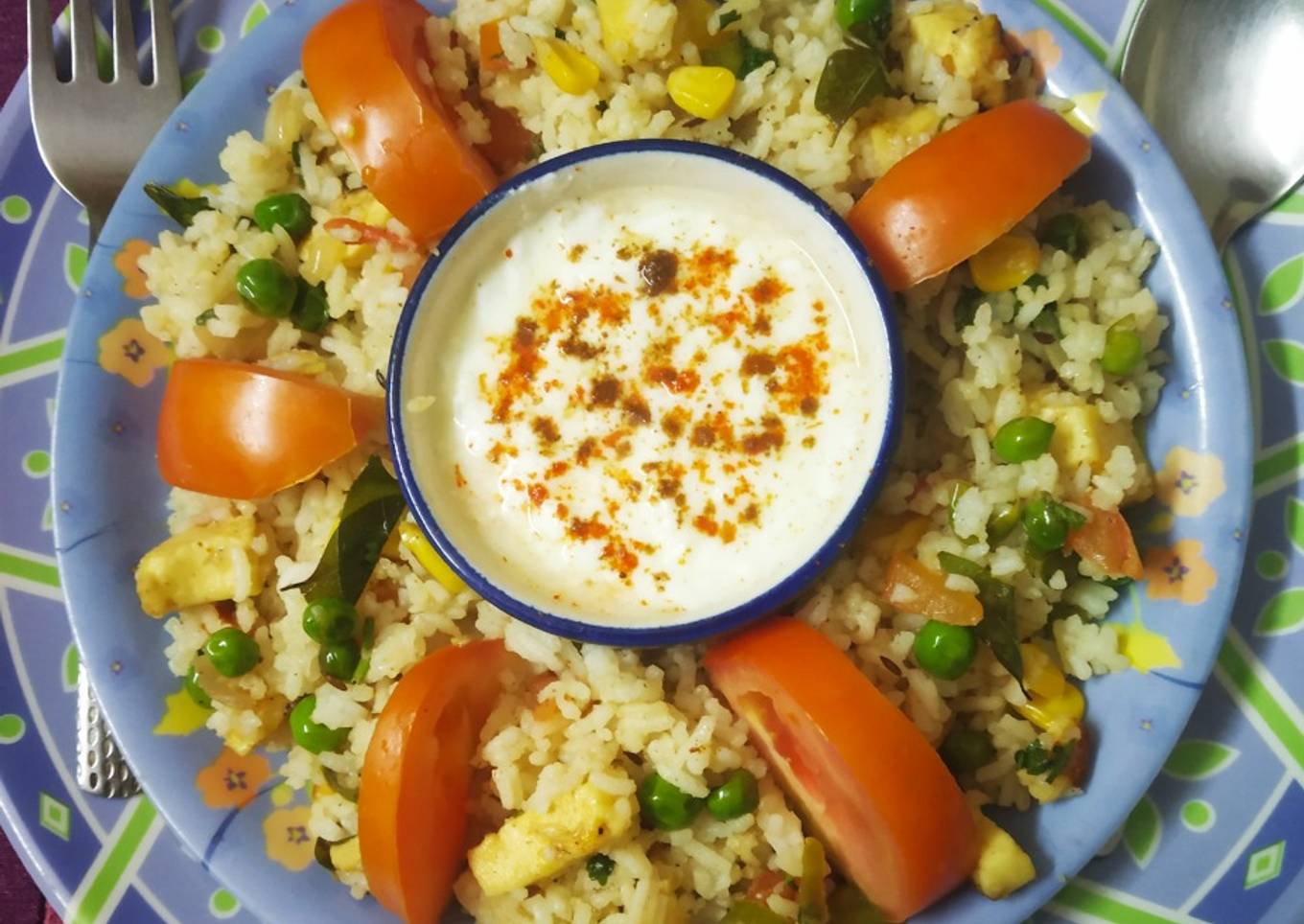 Colourful healthy rice with lots of paneer, Corn & vegetables