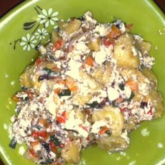A picture of Boiled plantain and egg sauce.