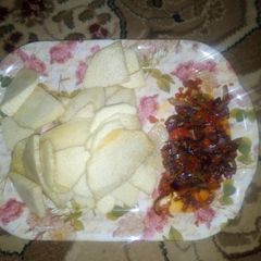 Fried yam and sauce A picture of Fried yam and sauce.