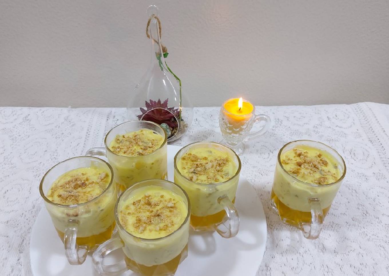 Fruits custard with pineapple jelly