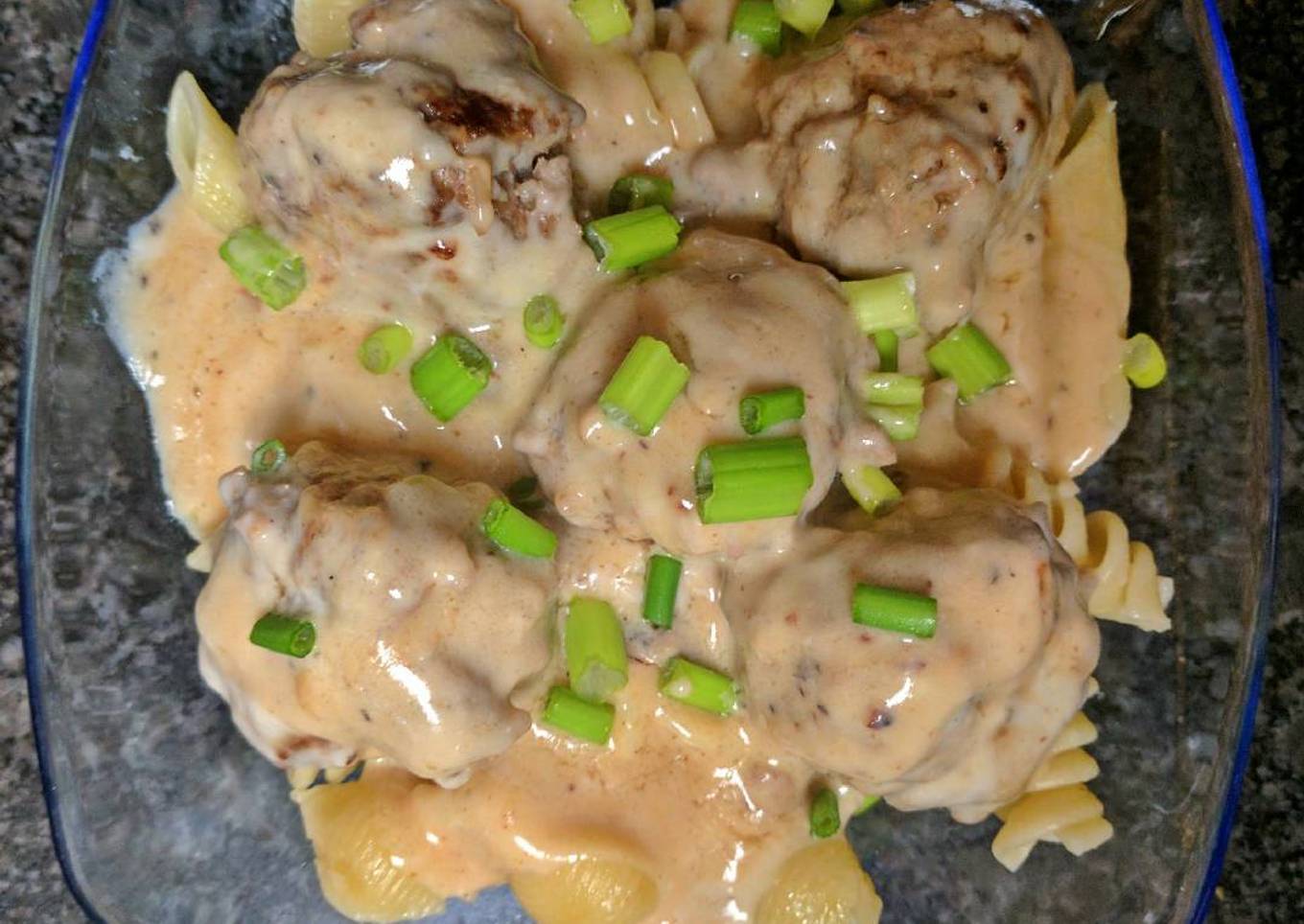 Simple meatballs, pasta with mushrooms.