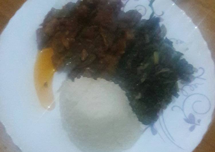Wet fry beef, Spinach in coconut cream and ugali