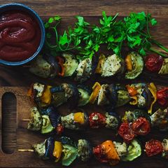 A picture of Chicken kebab with homemade barbecue sauce..