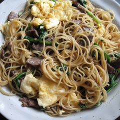 Stir-fried Somen (OR Capellini) with Beef, Spinach & Egg A picture of Stir-fried Somen (OR Capellini) with Beef, Spinach & Egg.