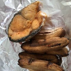 Fried grey mackerel and oven roasted cavanana banana A picture of Fried grey mackerel and oven roasted cavanana banana.