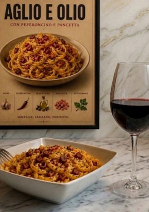 Zdjęcie przepisu Makaron tagliatelle aglio e olio e peperoncino z boczkiem.