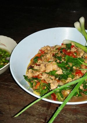 รูปของ กะเพราหมูสับน้ำพริกลอยน้ำปลา
