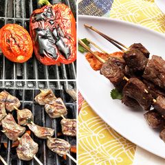 A picture of Grilled Fullblood Wagyu Beef Kabobs with Romesco Sauce.