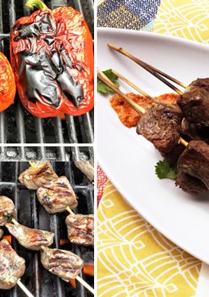 A picture of Grilled Fullblood Wagyu Beef Kabobs with Romesco Sauce.