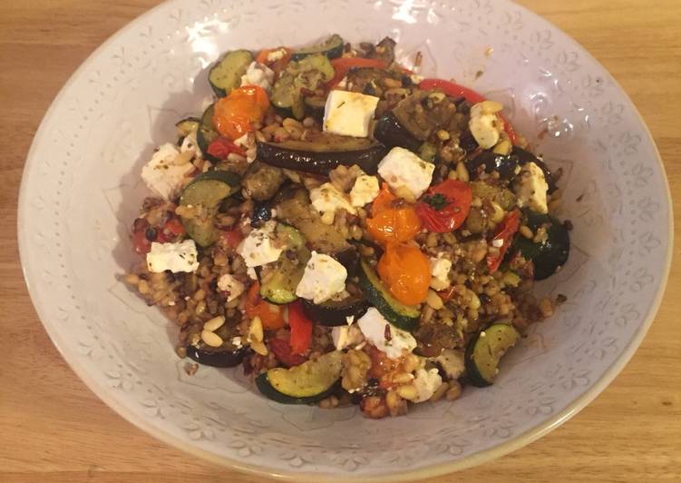 Roasted veg with grains and feta