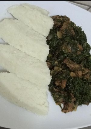 A picture of Ugali, kales with meat. #localfoodcontest_mombasa.