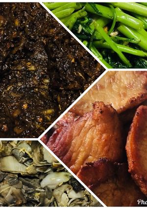รูปของ น้ำพริกเผามะม่วง~หัวปลีผัดน้ำมันหอย~หมูแดดเดียว~ผักบุ้งผัดน้ำมันหอย