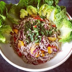 A picture of Thai minced pork salad (larb moo ลาบหมู).