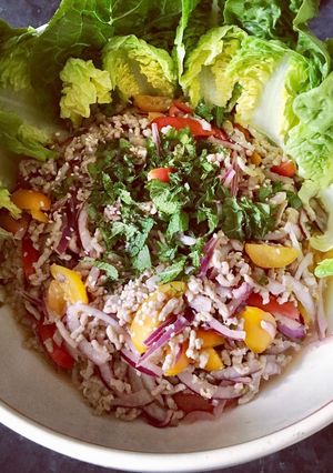 A picture of Thai minced pork salad (larb moo ลาบหมู).