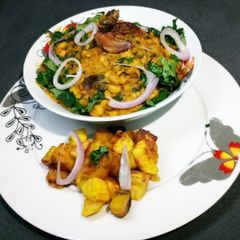 Traditional dry fish beans and plantain A picture of Traditional dry fish beans and plantain.