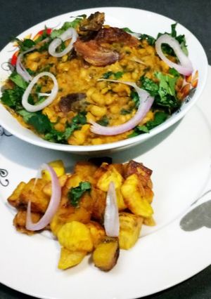 A picture of Traditional dry fish beans and plantain.