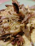 Linguine al baccalà e carciofi  su crema di porro e baccalà e carciofi croccanti