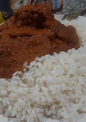 A picture of Ram stew and rice.