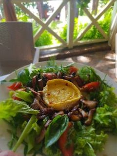 Фото Теплий салат з сиром камамбер і гливами.