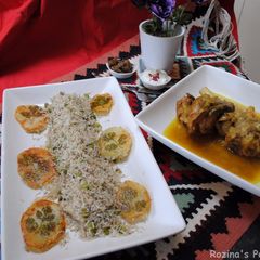 A picture of Persian dill and fava beans rice with lamb shank (baghali polow BA mahichey).