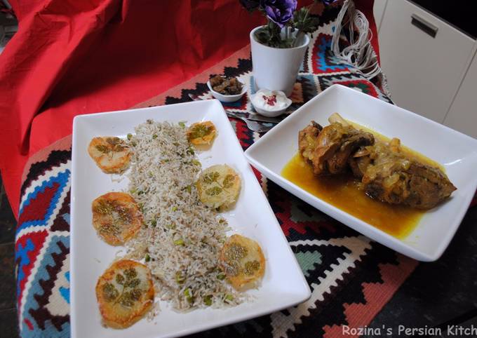 Persian dill and fava beans rice with lamb shank (baghali polow BA mahichey)