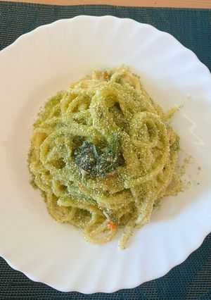 A picture of Pasta with Lemon-Almond Pesto and Basil Breadcrumbs.