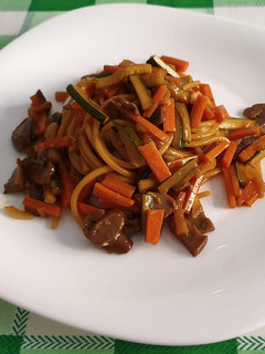 A picture of Spaghetti with Stir-Fried Vegetables and Soy Sauce.