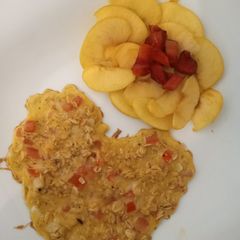 A picture of Oat veggies omelet with dessert.