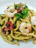 Troccoli with Zucchini Blossom Pesto and Shrimp