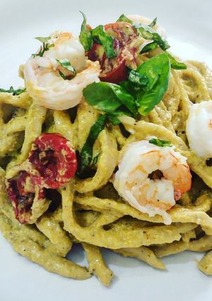 A picture of Troccoli with Zucchini Blossom Pesto and Shrimp.