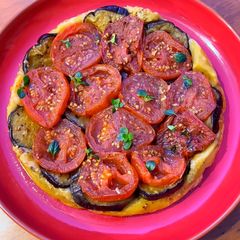 Confit tomato and aubergine tarte tatin A picture of Confit tomato and aubergine tarte tatin.