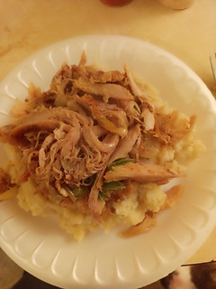 A picture of Chicken fajitas with mashed potatoes.